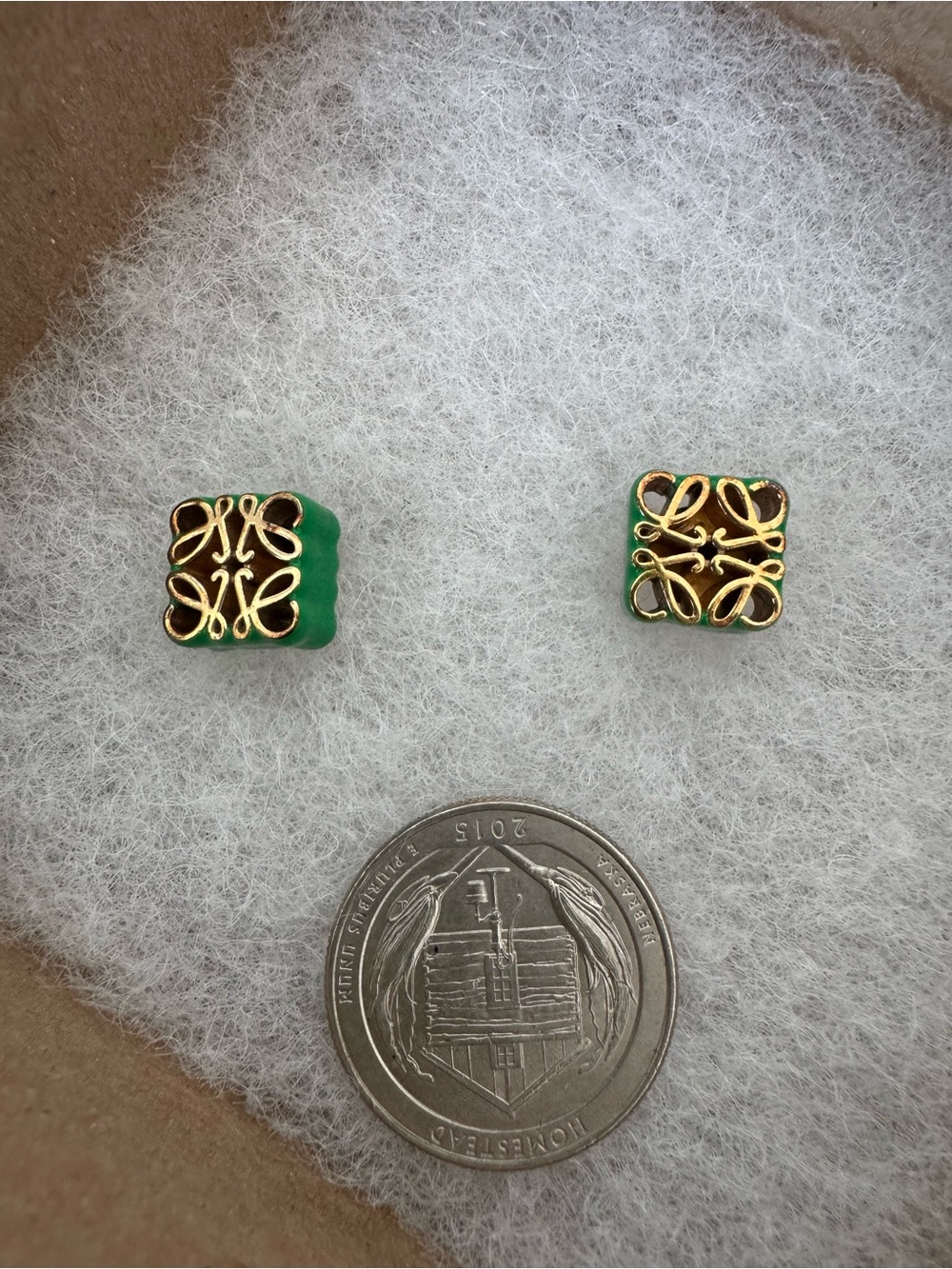 loewe Green and Gold Filigree Square Stud Earrings